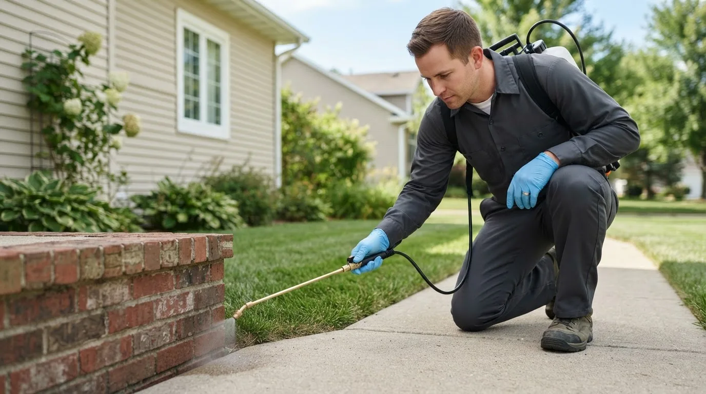 Pest control technician treating a home near Taunton, MA