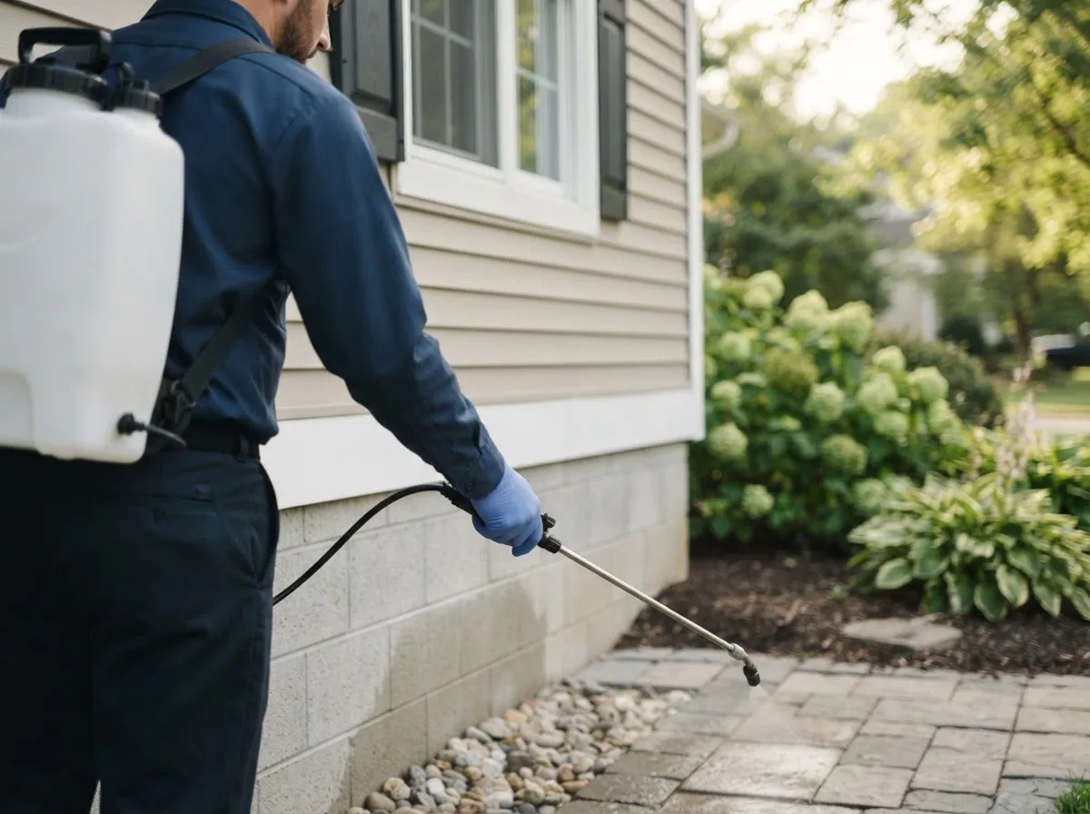 Pest control technician inspecting a home in Taunton, MA